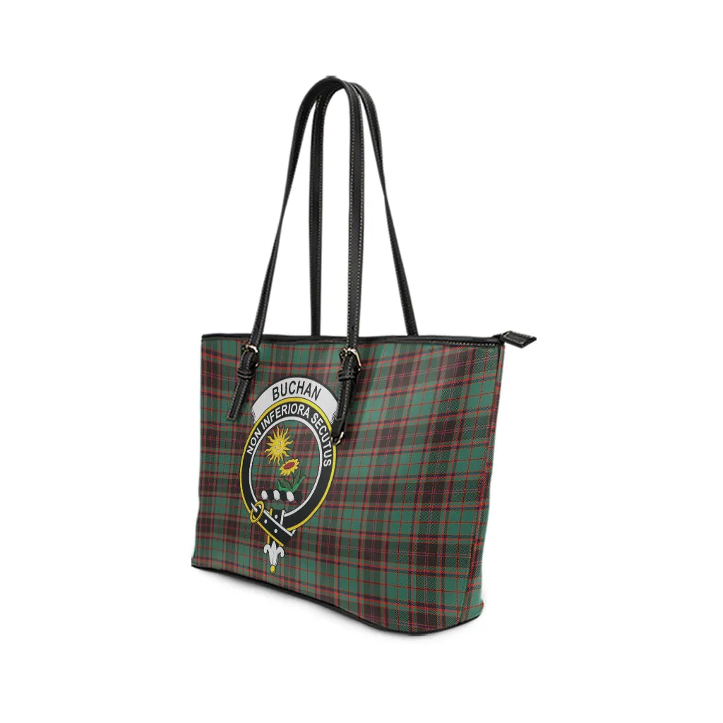 Buchan Ancient Tartan Leather Tote Bag with Family Crest
