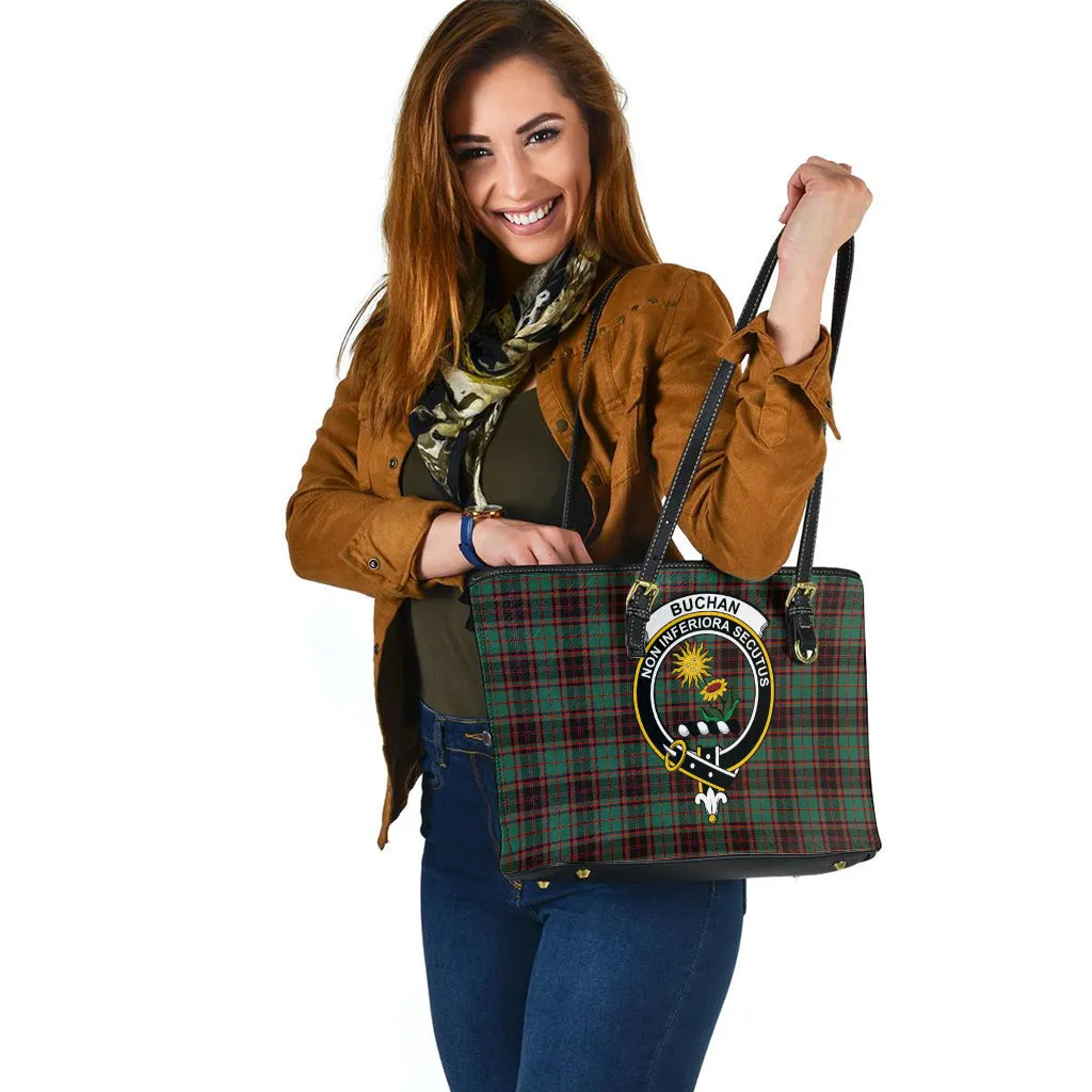 Buchan Ancient Tartan Leather Tote Bag with Family Crest