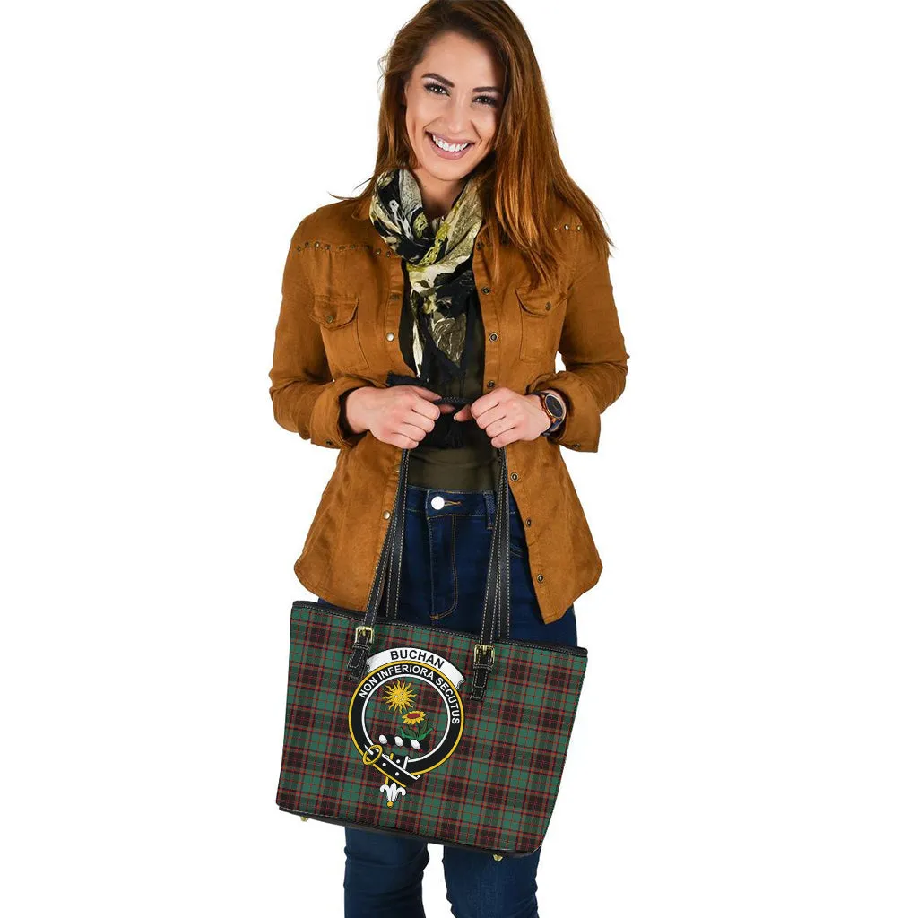 Buchan Ancient Tartan Leather Tote Bag with Family Crest