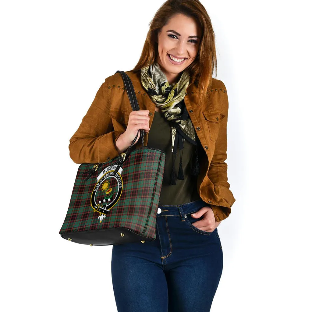 Buchan Ancient Tartan Leather Tote Bag with Family Crest