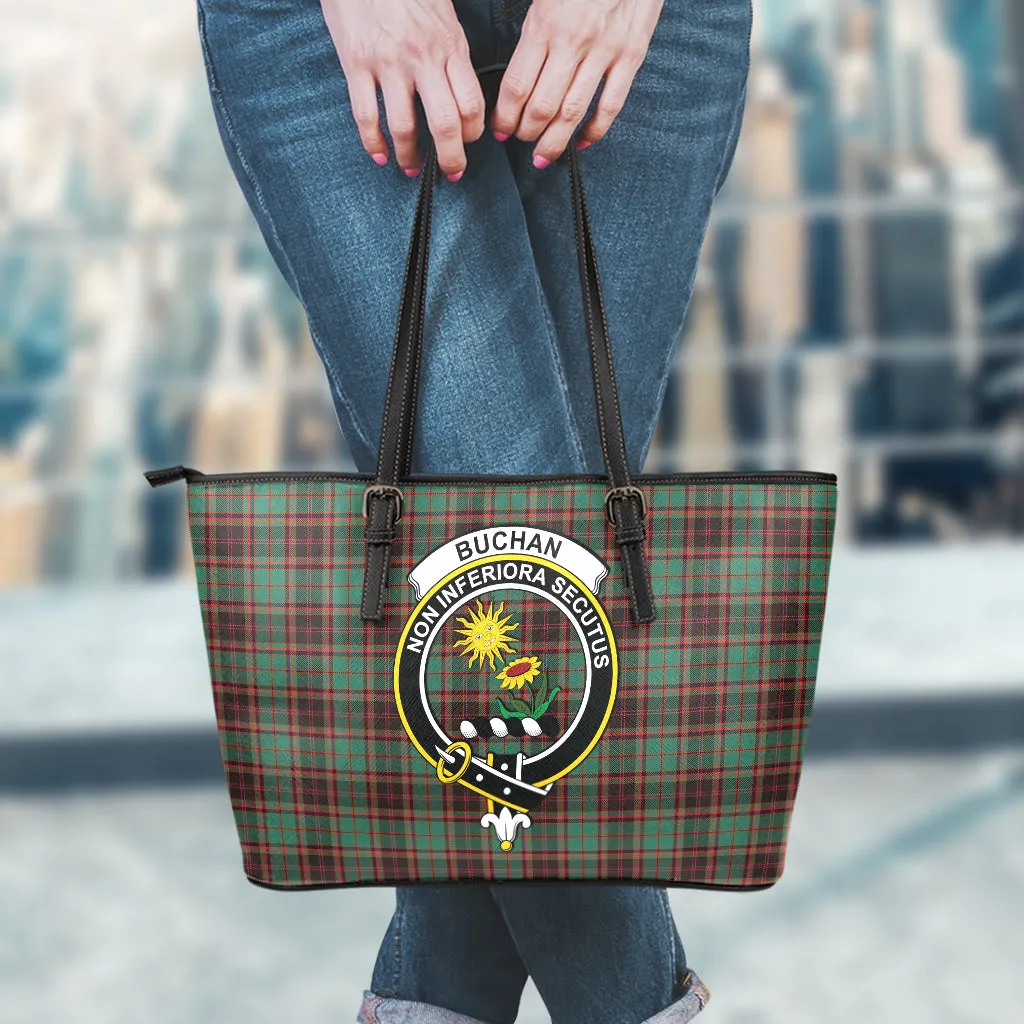 Buchan Ancient Tartan Leather Tote Bag with Family Crest