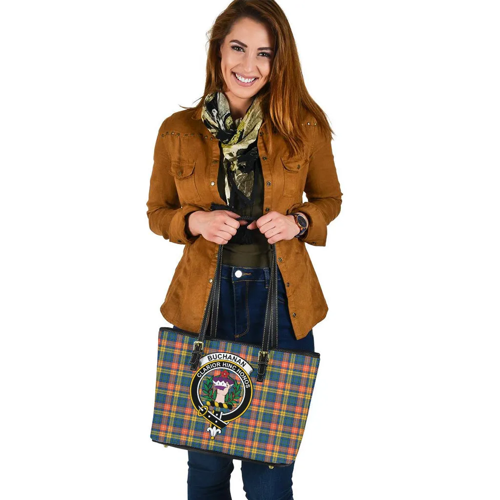 Buchanan Ancient Tartan Leather Tote Bag with Family Crest