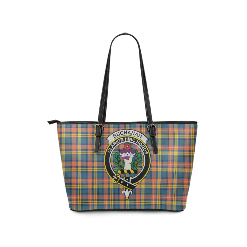 Buchanan Ancient Tartan Leather Tote Bag with Family Crest