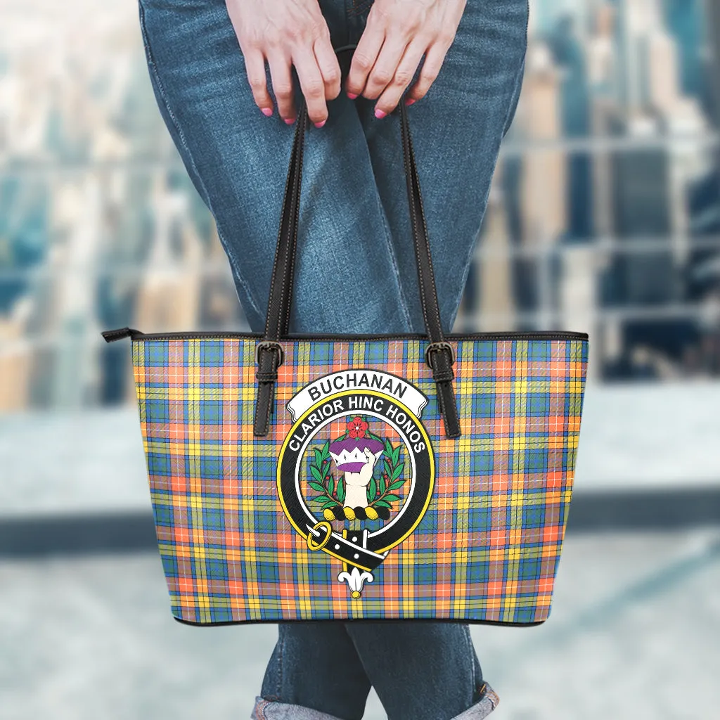 Buchanan Ancient Tartan Leather Tote Bag with Family Crest