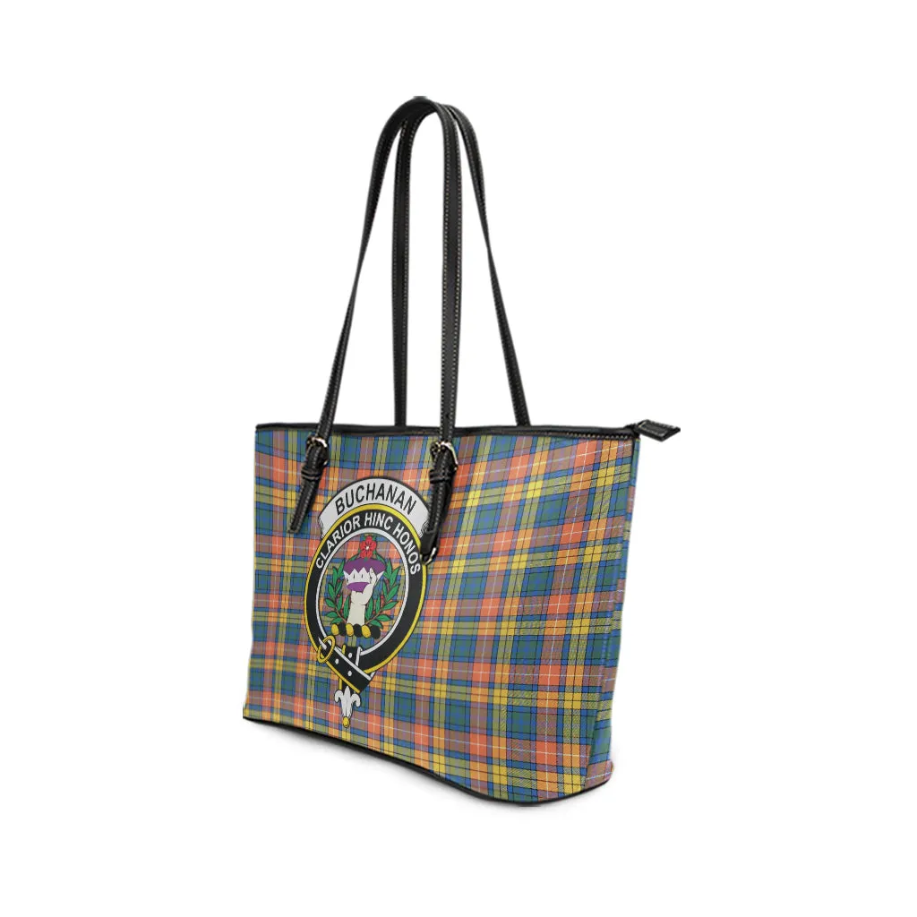 Buchanan Ancient Tartan Leather Tote Bag with Family Crest