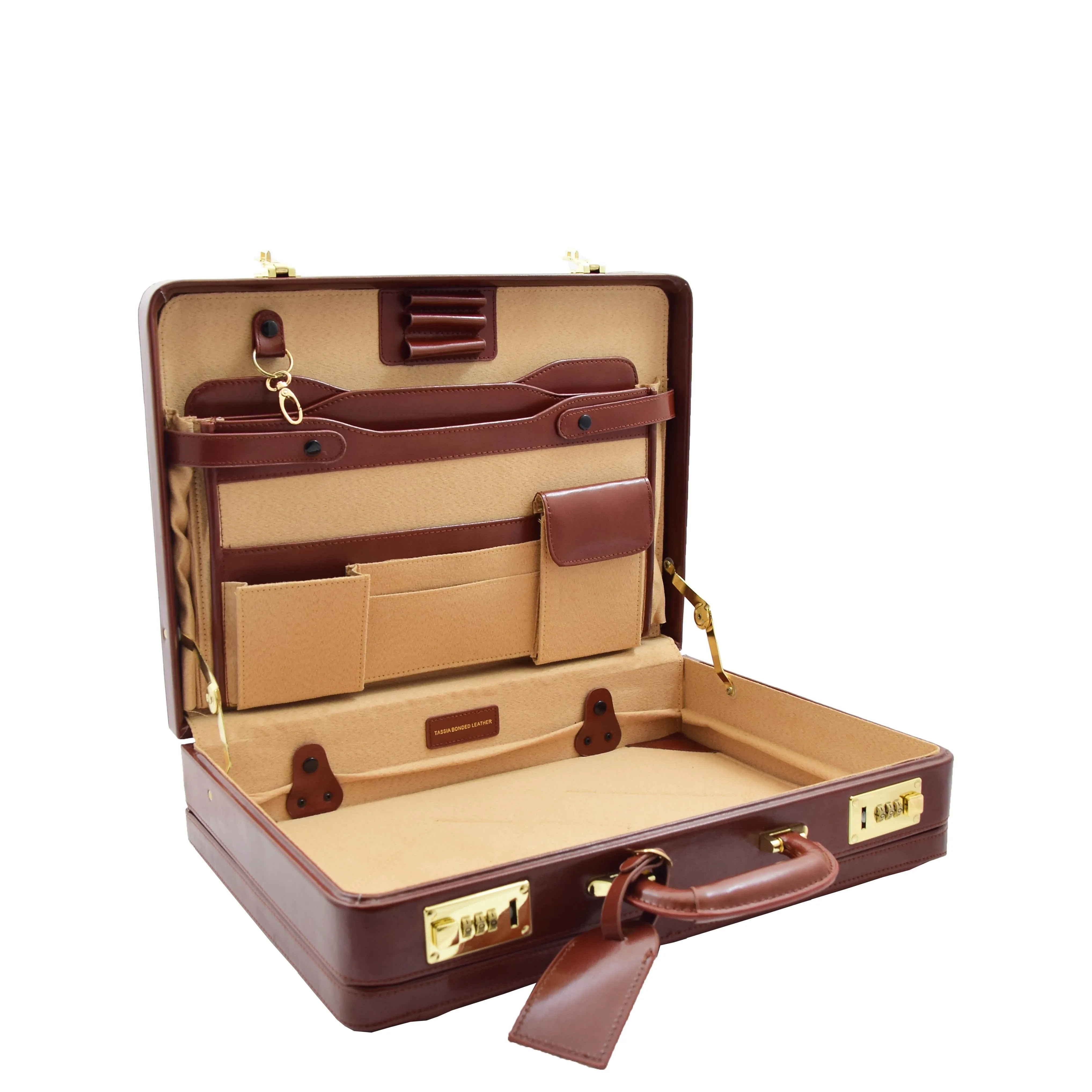 DR608 Classic Leather Lockable Briefcase Cognac