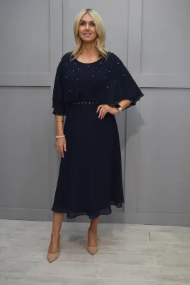 Lizabella Navy Cape Dress With Diamante Detail-L-23AW-2735-20