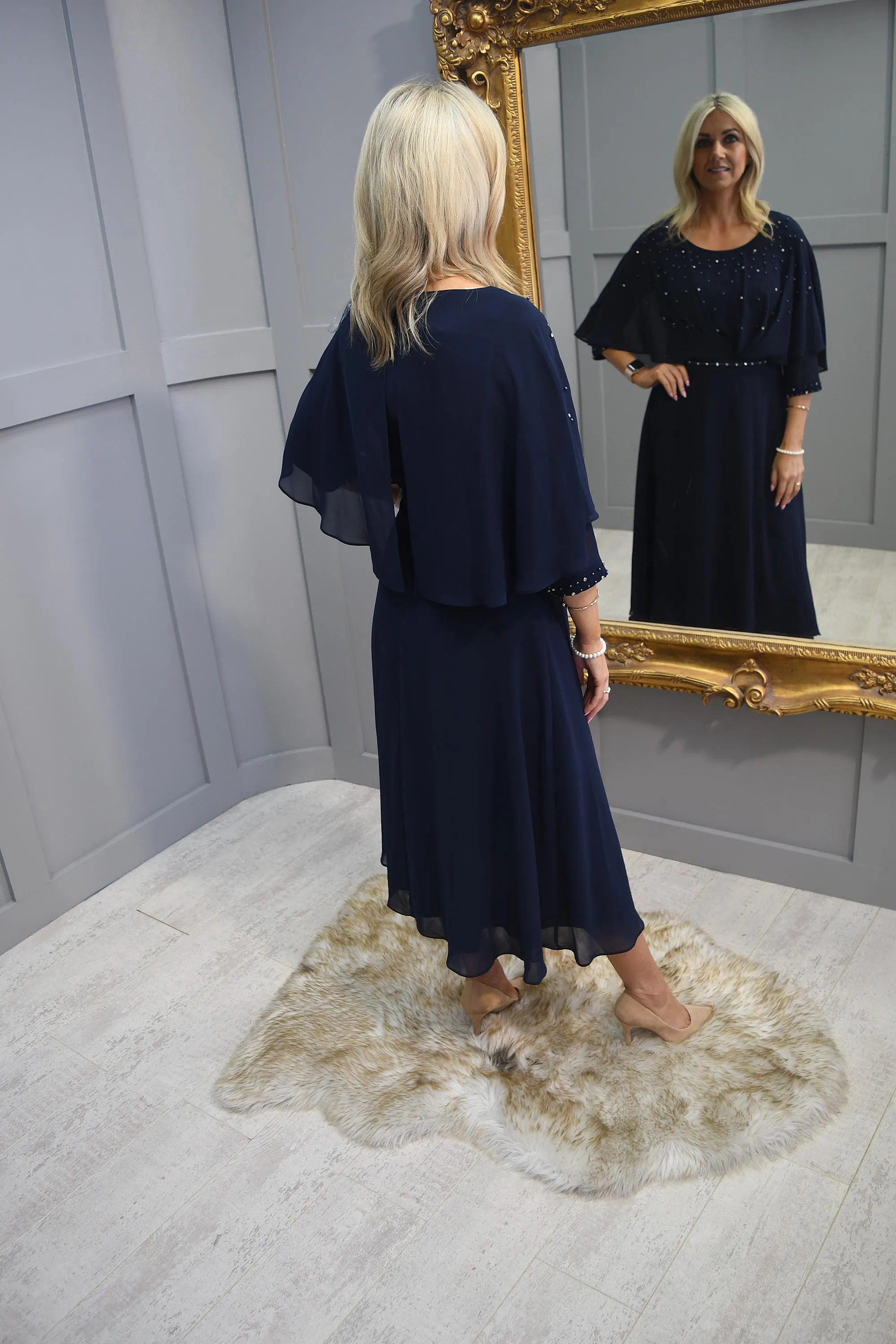 Lizabella Navy Cape Dress With Diamante Detail-L-23AW-2735-20
