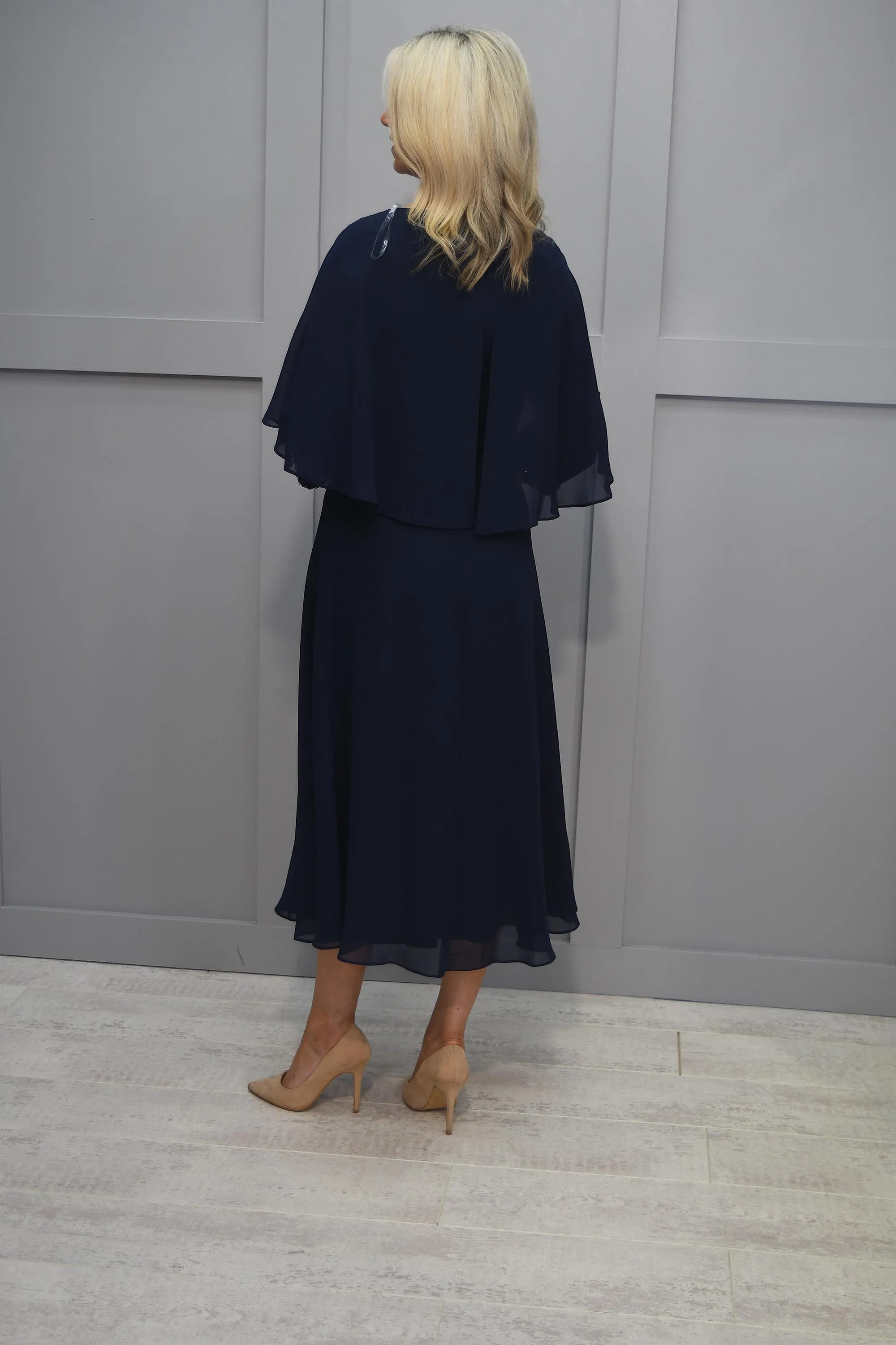 Lizabella Navy Cape Dress With Diamante Detail-L-23AW-2735-20