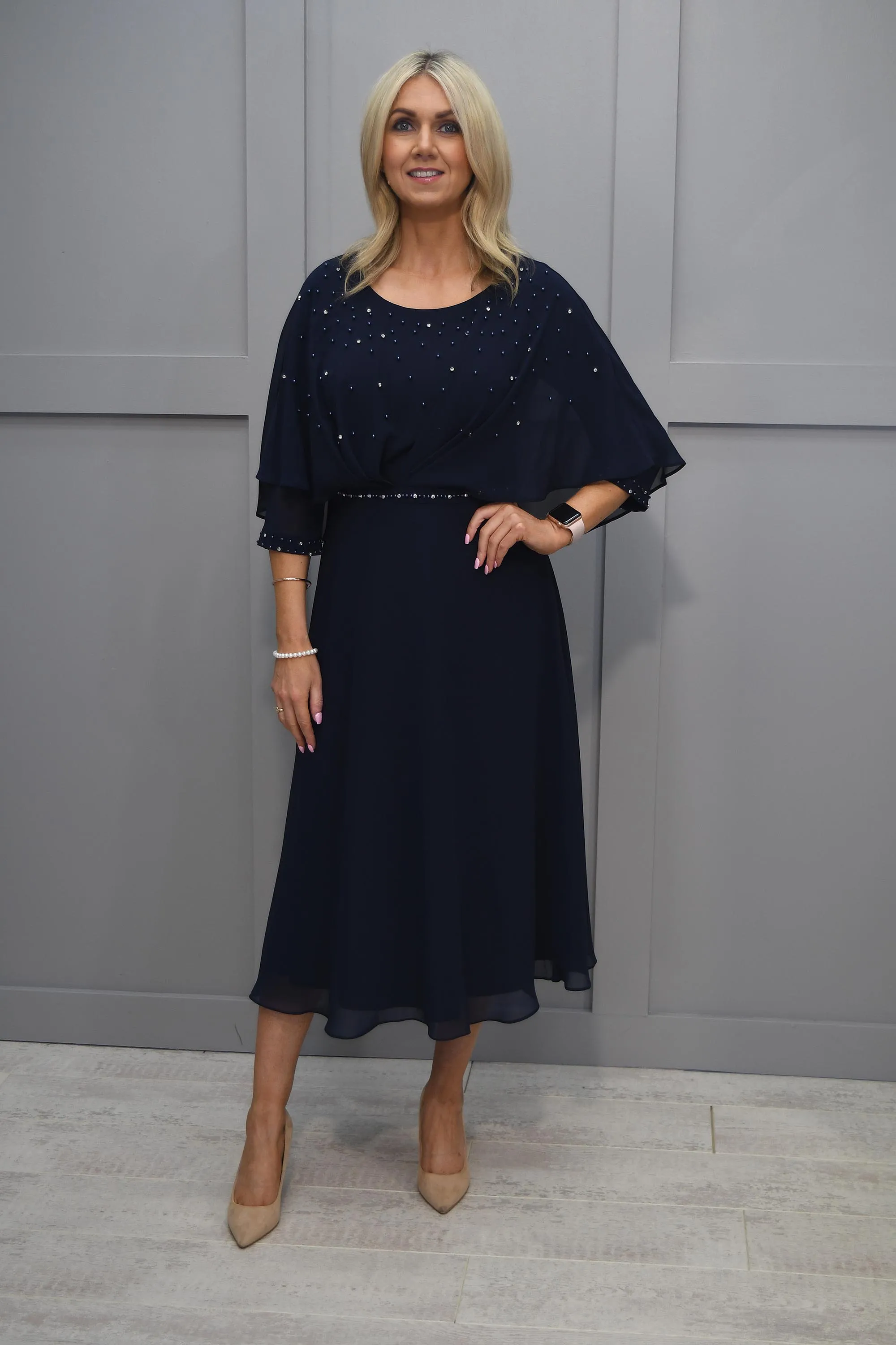 Lizabella Navy Cape Dress With Diamante Detail-L-23AW-2735-20