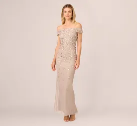 Off Shoulder Dress With Floral Embellishment In Marble