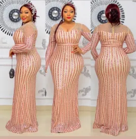 Peach Sequin Maxi Fitted Dress