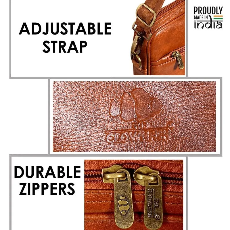 THE CLOWNFISH Biz Faux Leather 15.6 inch Laptop Messenger Bag | Comfortable Adjustable Strap | 12L | Tan