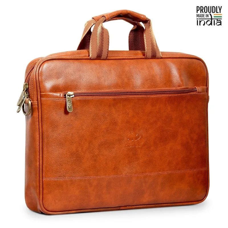 THE CLOWNFISH Biz Faux Leather 15.6 inch Laptop Messenger Bag | Comfortable Adjustable Strap | 12L | Tan