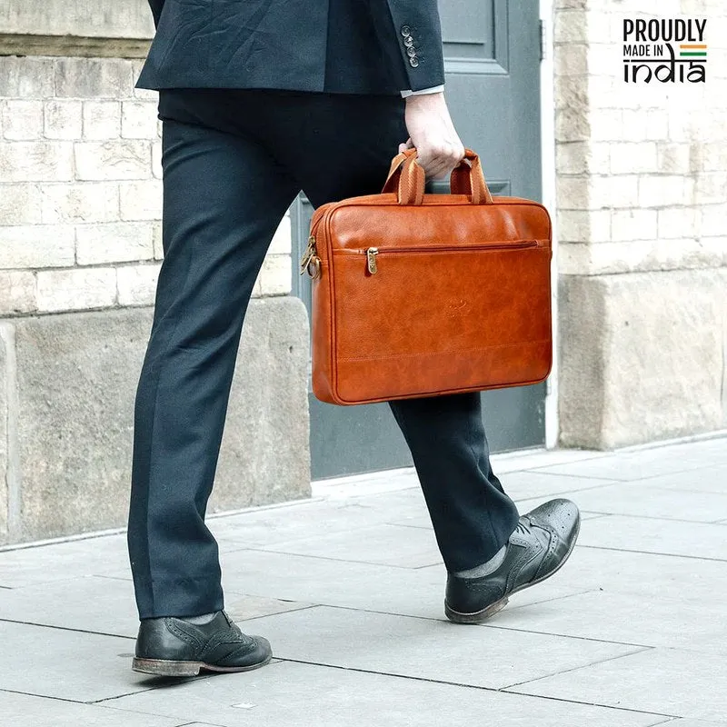 THE CLOWNFISH Biz Faux Leather 15.6 inch Laptop Messenger Bag | Comfortable Adjustable Strap | 12L | Tan