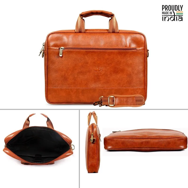 THE CLOWNFISH Biz Faux Leather 15.6 inch Laptop Messenger Bag | Comfortable Adjustable Strap | 12L | Tan
