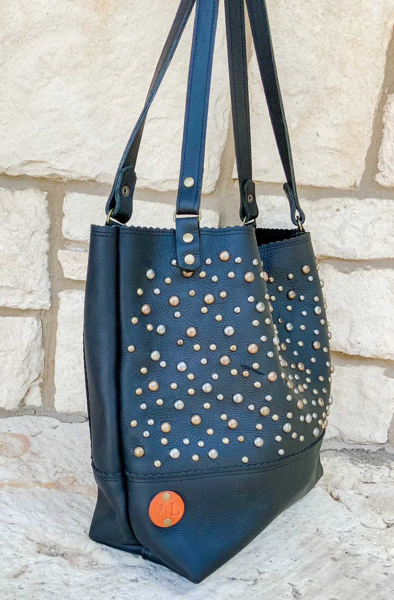 Tote w/ Studded Detail- Large- Black Half   Half